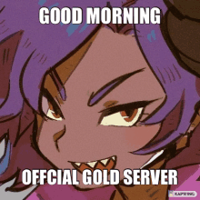 a drawing of a girl with purple hair and a caption that says good morning official gold server