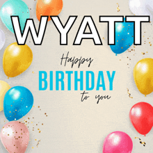 a birthday card for wyatt with colorful balloons and confetti