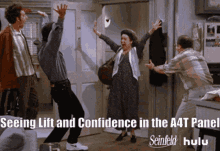 a group of people are dancing in a room with the caption seeing lift and confidence in the a4t panel seinfeld hulu