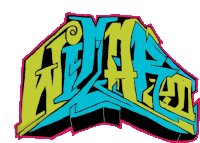 a blue and yellow graffiti drawing of the word " war "