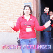 a woman in a red shirt is standing in front of a door with the words friday feelings written on it