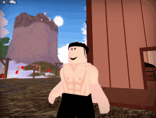 a shirtless roblox character is standing in front of a building with a mountain in the background