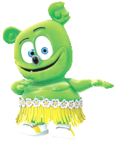 a green gummy bear wearing a yellow and white hula skirt