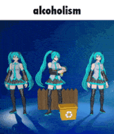 three anime characters are standing next to each other with the word alcoholism written above them