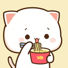 a cartoon cat is eating noodles out of a cup .