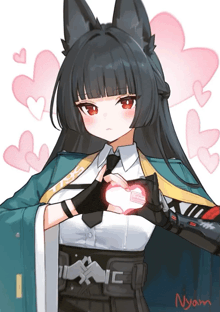 a drawing of a girl with a heart in her hands and the word nyan on the bottom