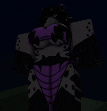 a cartoon character in a purple and black outfit standing in the dark