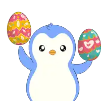 a blue penguin is holding two easter eggs in its hands