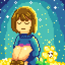 a pixel art drawing of a girl and a dog