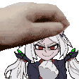 a hand is holding a cartoon character 's head in a pixel art style .