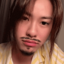 a close up of a person 's face with a fake beard