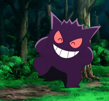 a purple monster with a big smile on its face is standing in a forest