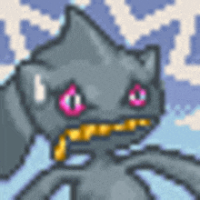 a pixel art drawing of a gray cat with pink eyes and a yellow mouth .