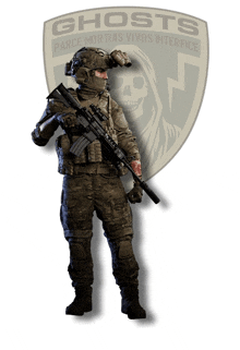 a soldier with a shield that says ghosts on it