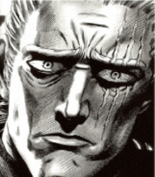 a black and white drawing of a man 's face with a very angry expression .