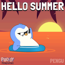 a cartoon of a penguin wearing sunglasses with the words hello summer