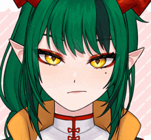 a close up of a girl 's face with green hair and red horns