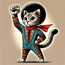 an illustration of a cat with an afro and a fist