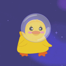 a cartoon duck wearing a space helmet against a purple background