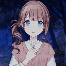 a girl with a ponytail and blue eyes is wearing a pink sweater vest