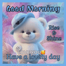 a teddy bear wearing a blue hat says good morning rise and shine .