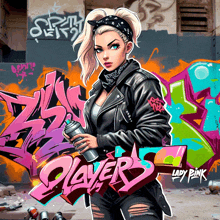 a lady in a leather jacket is holding a spray can in front of a graffiti wall