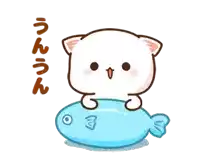 a cartoon cat is sitting on top of a blue fish with chinese writing behind it