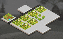 an isometric drawing of a residential area with houses and gardens