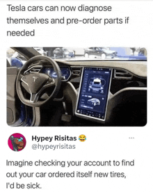 a tweet about tesla cars can now diagnose themselves and pre-order parts