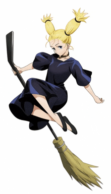 a girl in a black dress is flying on a broomstick