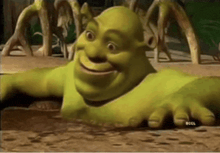 shrek is crawling out of a hole in the ground