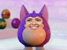 a toy with a woman 's face on it is standing in front of easter eggs .