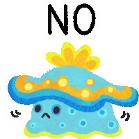 a drawing of a blue and yellow mushroom with the word no above it