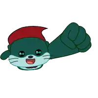 a cartoon cat with a red hat on is giving a thumbs up