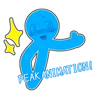 a blue cartoon character with the words peak animation on the bottom