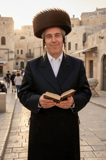 a man wearing a fur hat is holding a bible