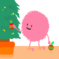 a pink cartoon character decorating a christmas tree with red and green ornaments