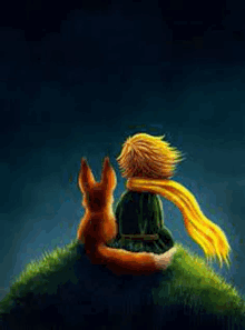 a little prince is sitting on top of a grass covered hill with a fox .