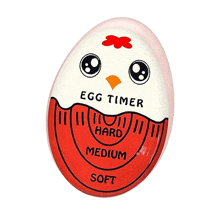 a red and white egg timer with a chicken face