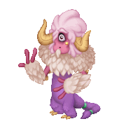 a purple and pink monster with horns and feathers giving the peace sign