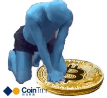 a man in a blue bodysuit is kneeling next to a gold coin with the number 3 on it