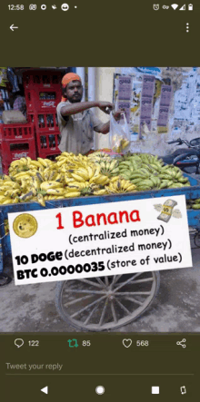 a man is selling bananas with a sign that says 1 banana centralized money