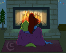 a couple of cartoon characters sitting in front of a fireplace with a c on the bottom right