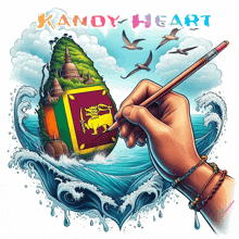 a drawing of a hand holding a pencil with the words kandy heart written on the bottom