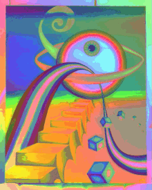 a colorful painting of stairs leading up to an eye with a rainbow in the background