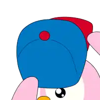 a cartoon character wearing a blue hat with a red circle in the middle