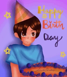 a drawing of a boy wearing a party hat and holding a birthday cake that says happy birthday