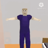a man in a purple shirt and pants is standing with his arms outstretched in front of a piano .