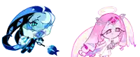 two cartoon characters , one blue and one pink , are standing next to each other .