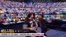 two men are fighting in a wrestling ring with the words hell in cell on the bottom